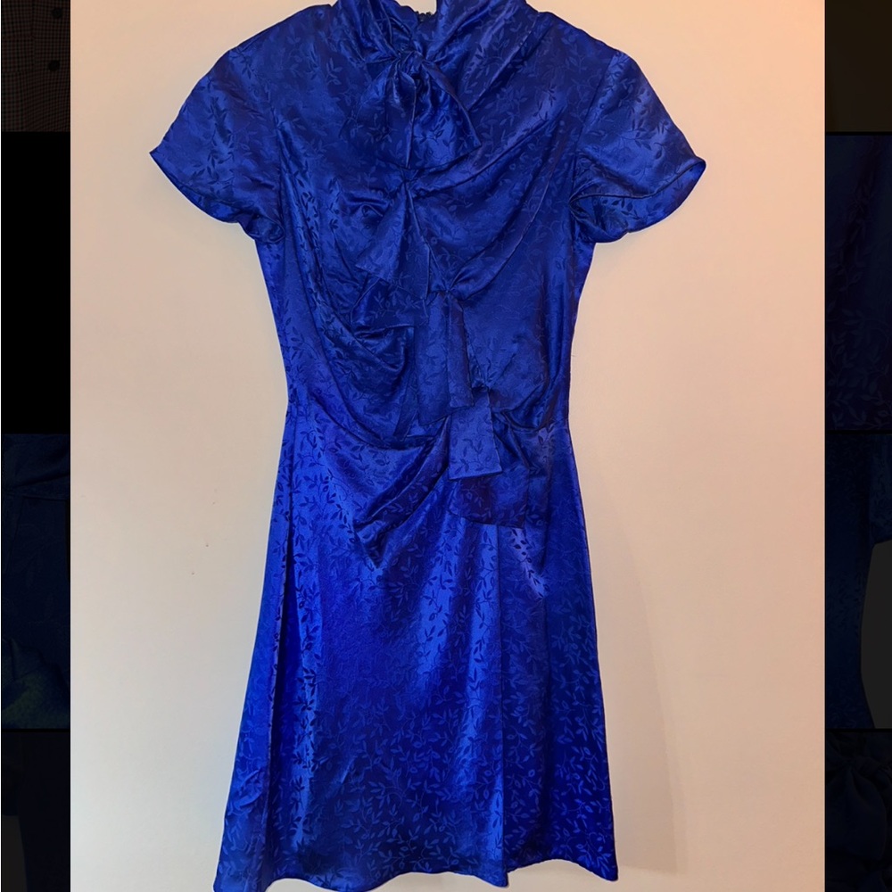 Saloni royal blue silk jacquard bow-front dress with draped detail - size US 0